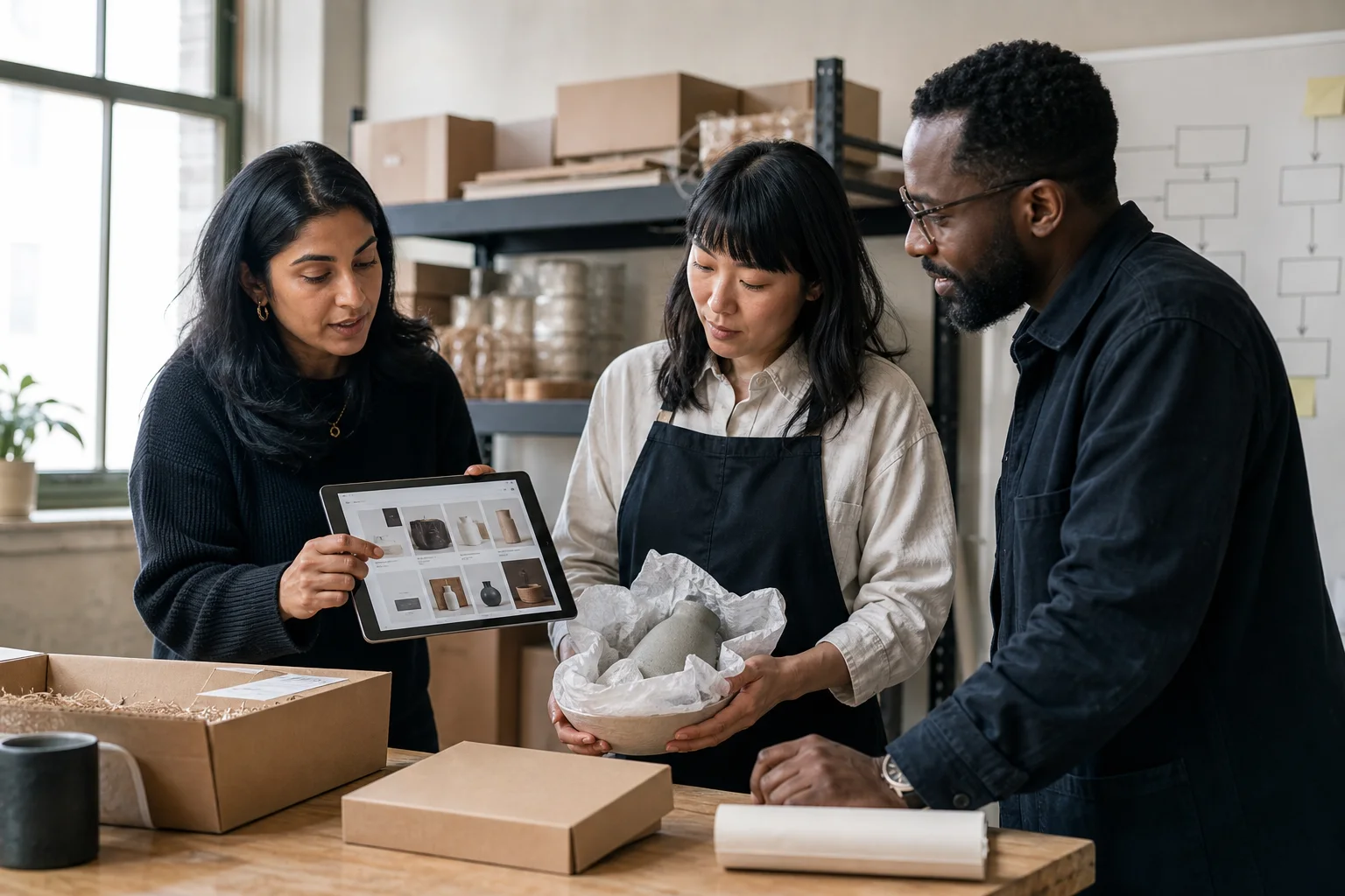 A vendor and marketplace team reviewing an online storefront and fulfilment process