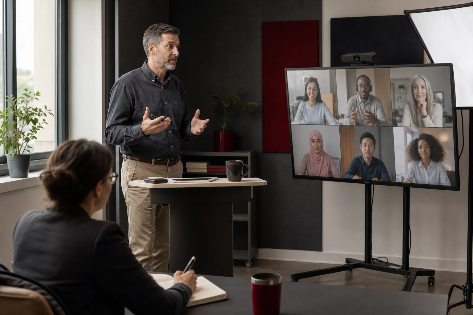 A lecturer delivering an interactive online seminar with a learning designer