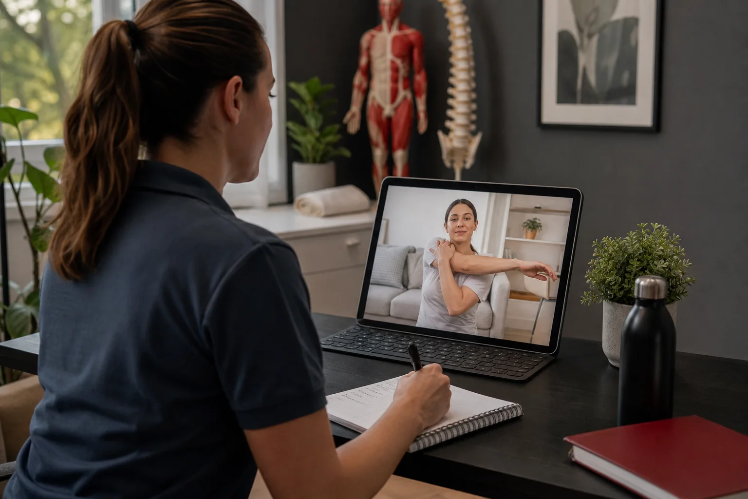 A physiotherapist guiding a patient through a secure remote consultation