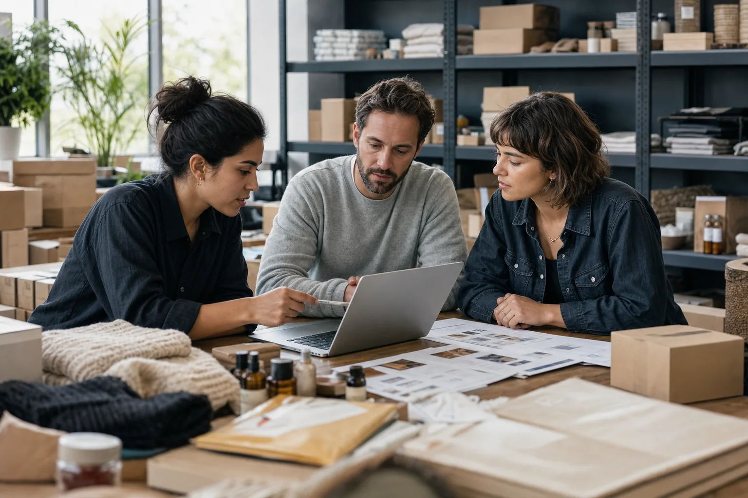 A marketplace team reviewing commerce operations in a fulfilment studio