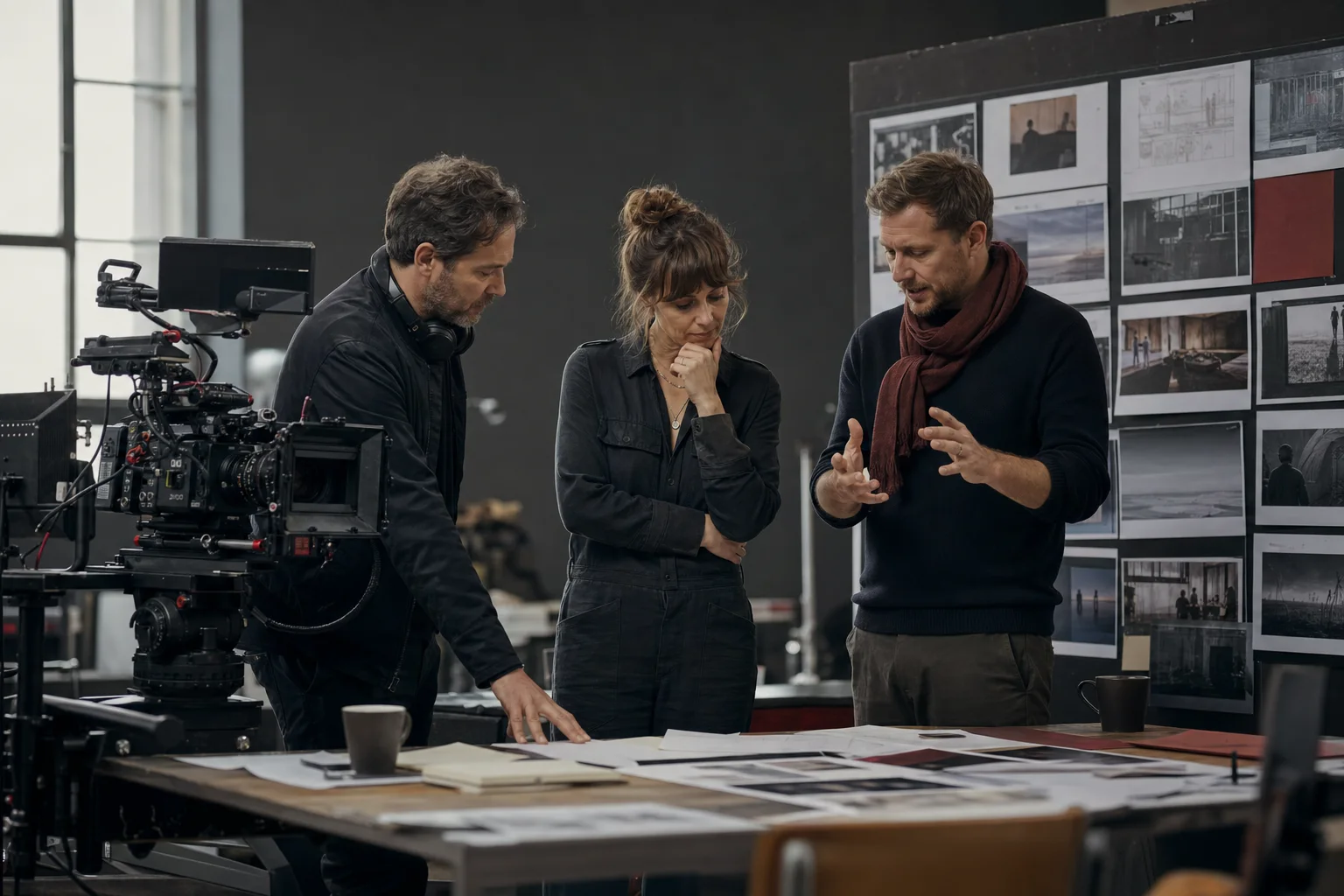Film production leaders and a consultant planning a shoot beside a cinema camera