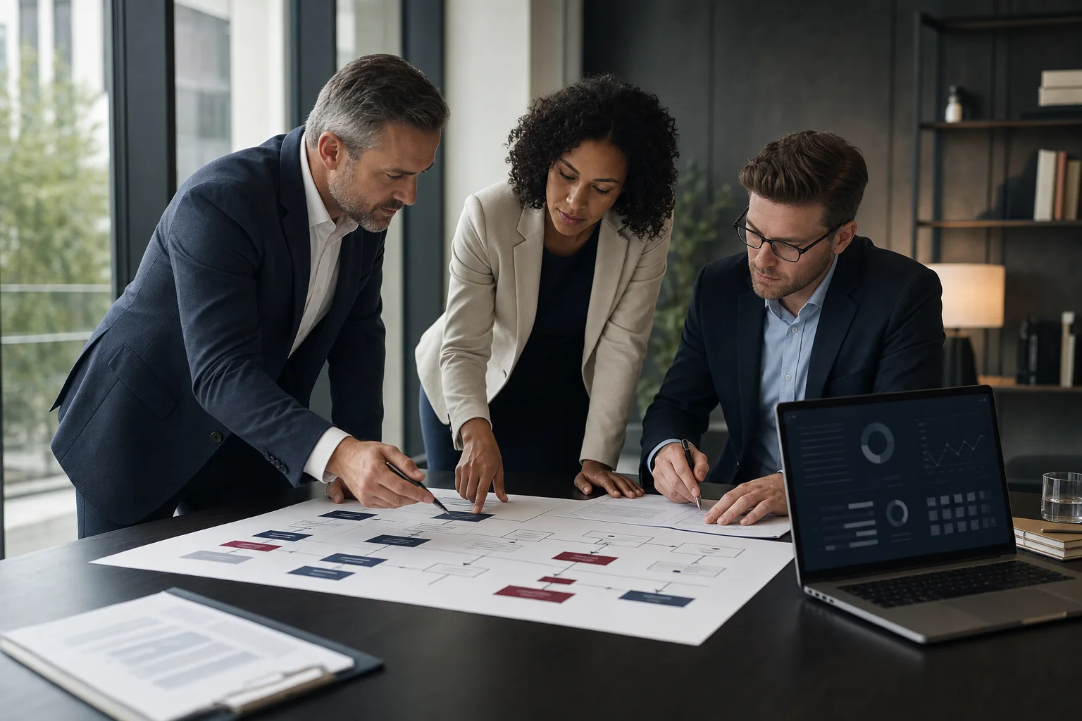 Finance and governance specialists simplifying an operational workflow with a consultant