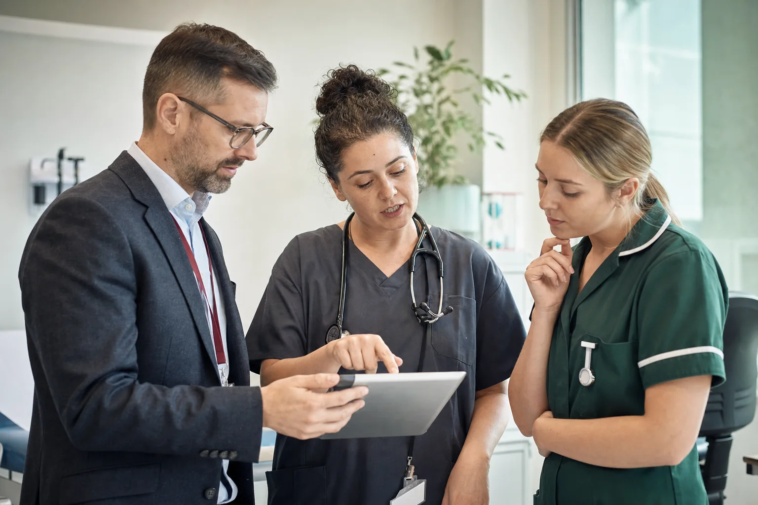 Healthcare practitioners and a consultant reviewing a remote-care workflow